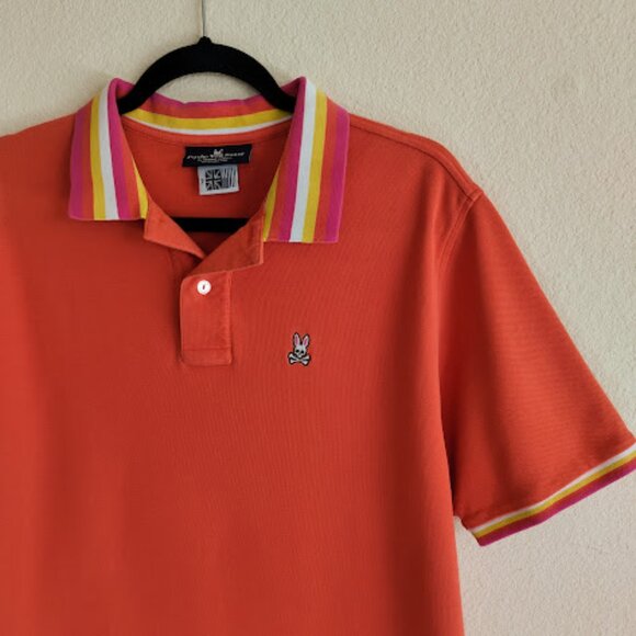 PSYCHO BUNNY | Coral Orange Pima Cotton Striped Collar Bunny Logo Preppy Polo XL - Picture 3 of 10